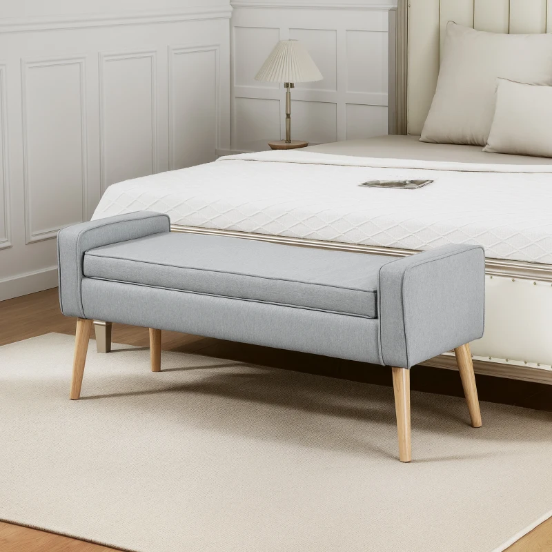 HOMCOM Banco de Armazenamento Estofado em Linho com Tampa Abatível e Pés de Madeira 120x45x54 cm Cinza Claro
