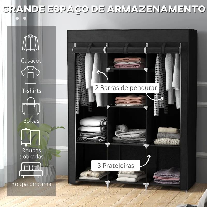 HOMCOM Roupeiro de Tecido Dobrável com 8 Prateleiras de Armazenamento e 2 Barras de Pendurar 125x43x162,5 cm Preto