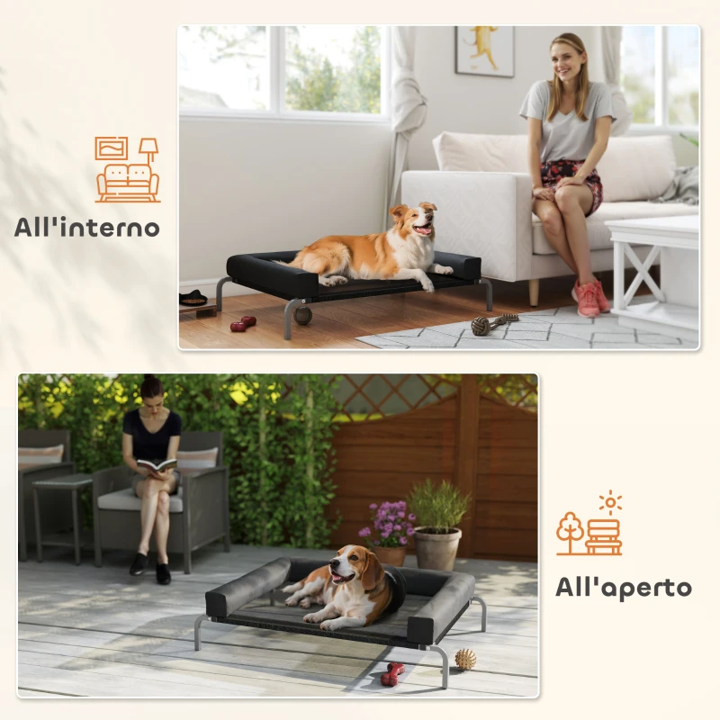 PawHut Lettino per Cani Rialzato di 19.5 cm con Cuscino a U, in Poliestere e Acciaio, 110x75x30 cm, Nero e Argento