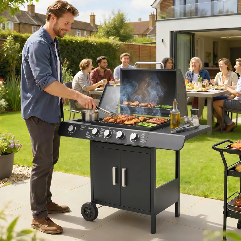 Outsunny Barbacoa de Gas con 4+1 Quemadores 14,4 KW Mesas Laterales Armario de Almacenaje Termómetro y 2 Ruedas Acero Inoxidable BBQ 125x51x100 cm Negro