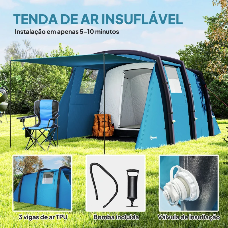 Outsunny Tenda de Campismo Inflável Familiar para 3-4 Pessoas Janelas de Malha e Bolsa de Transporte Proteção UV 50+ 440x280x195 cm Azul