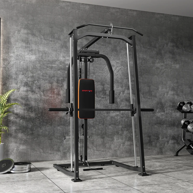 SPORTNOW 3-in-1 Smith Machine with Dual Cable Pulley System, Chest Press Station, 17-Level Squat Rack and Barbell Bar