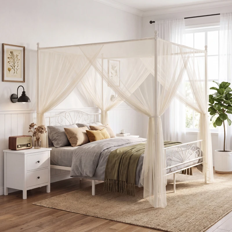 HOMCOM Canopy Bed Frame Double Size, Metal Platform Bed Frame with Headboard and Footboard, Underbed Storage, White