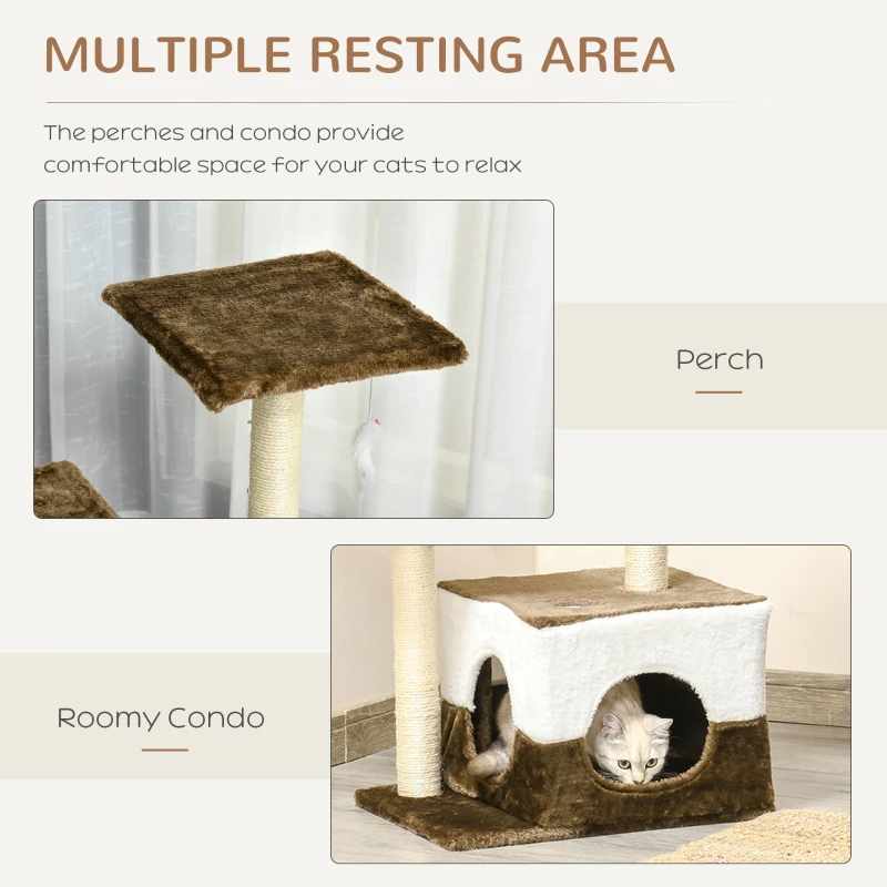 PawHut Cat Tree Tower for Indoor Cats Kitten House Scratching Posts with Condo Perch Interactive Mouse Toy, 45 x 33 x 70 cm, Brown