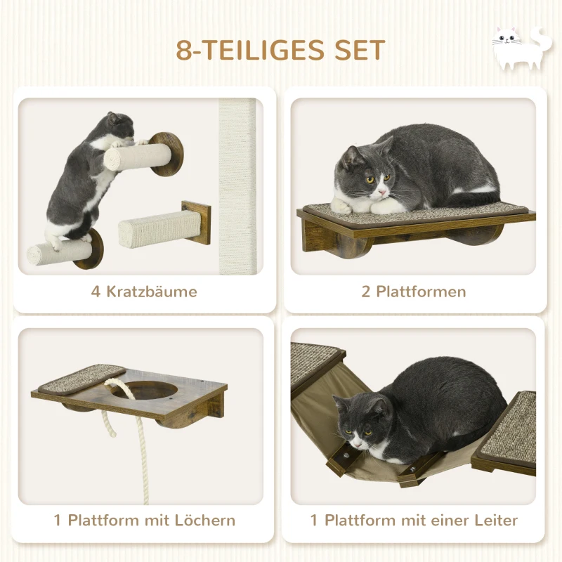 PawHut Kattentrap-Set, Klimwand, 8-delig, Tot 8 kg, Stevig, Bruin/Cremewit