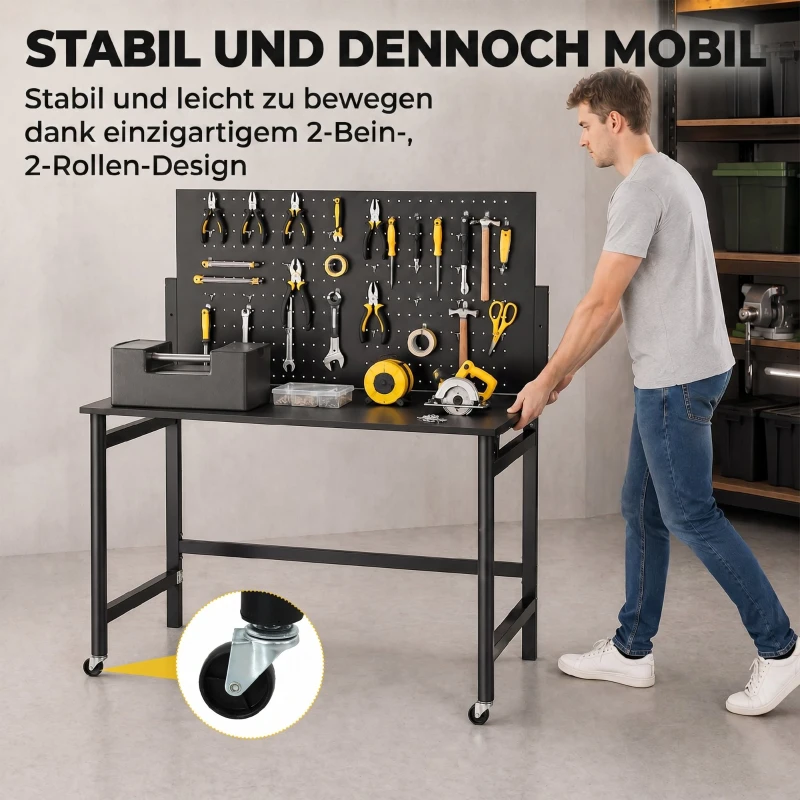 HOMCOM Werkbank mit Lochwand, Klappbare Mobile Werkbank mit Rollen, Dicke Arbeitsplatte, Stahlrahmen, Haken, Schwarz