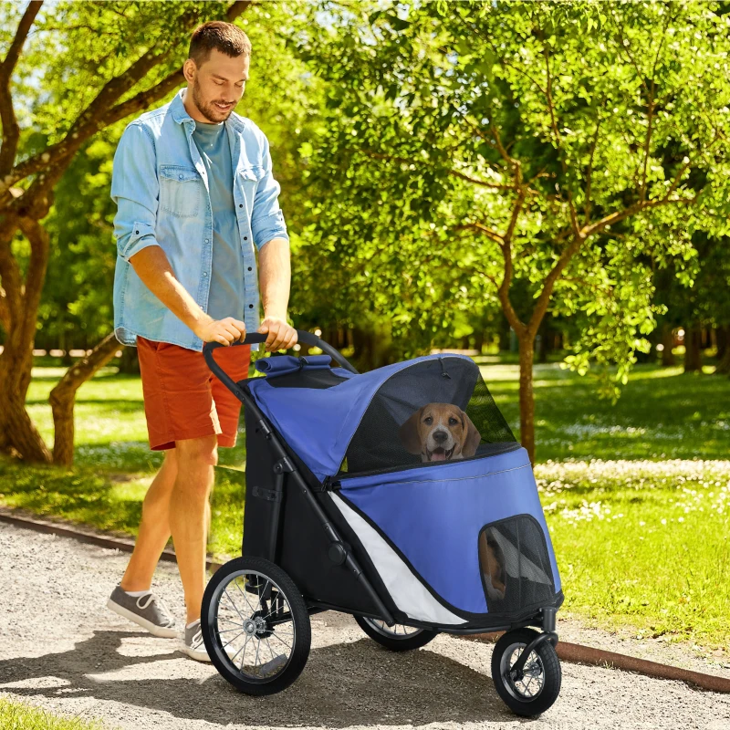 PawHut Hondenbuggy, opvouwbaar, opklapbaar, ligkussen, stalen frame, Blauw/Zwart(m-2)