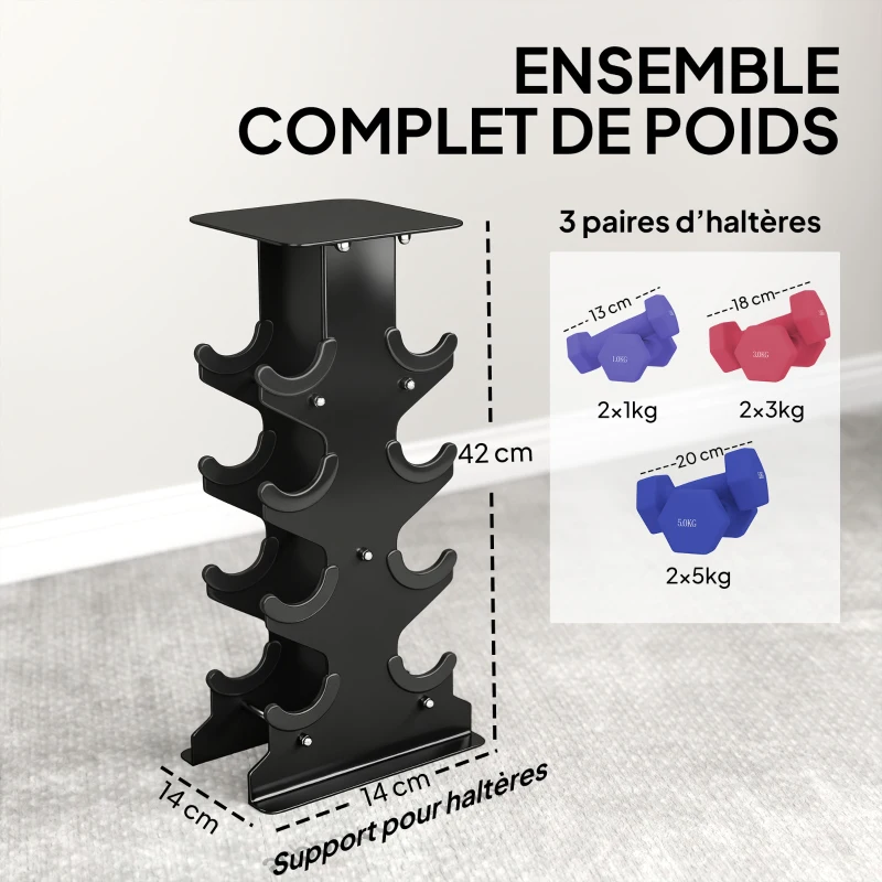 SPORTNOW Lot 3 haltères hexagonaux avec support, 2 x 1kg, 2 x 3kg, 2 x 5kg, poignées antidérapantes, fitness à domicile