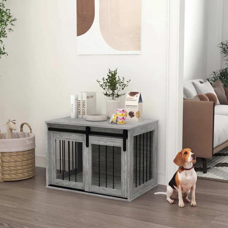 PawHut Cage caisse pour chien animaux intérieur porte coulissante, métal effet bois, dim. 57H x 80L x 54l cm