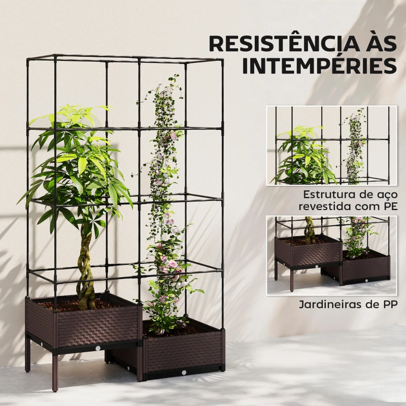 Outsunny Floreira com Grade Metálica para Plantas Trepadeiras 2 Caixas de PP com Orifícios de Drenagem 100x50x174 cm Preto