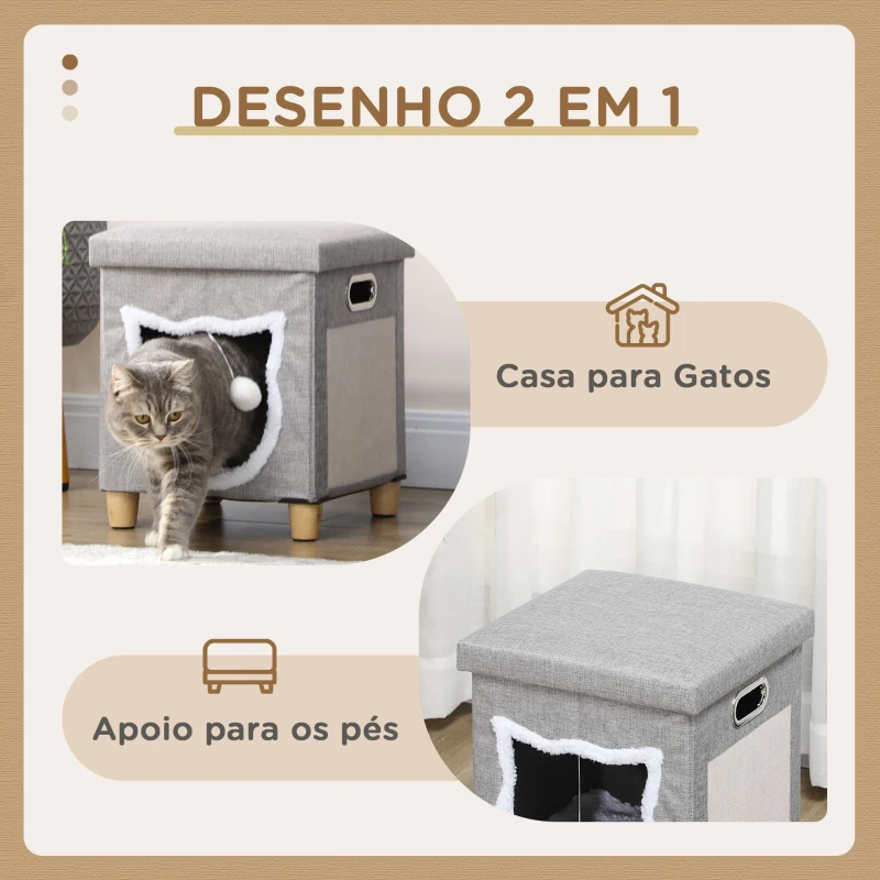 PawHut Casa para Gatos 2 em 1 com Apoio para os Pés com Almofada Amovível e Almofada para Arranhar 35,5x35,5x42,5 cm Cinza