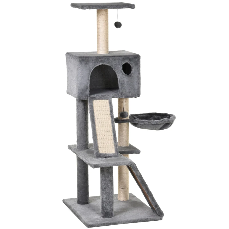 PawHut Albero Tiragraffi con Cuccia in Peluche Grigio e Corda Sisal 60x49x130cm