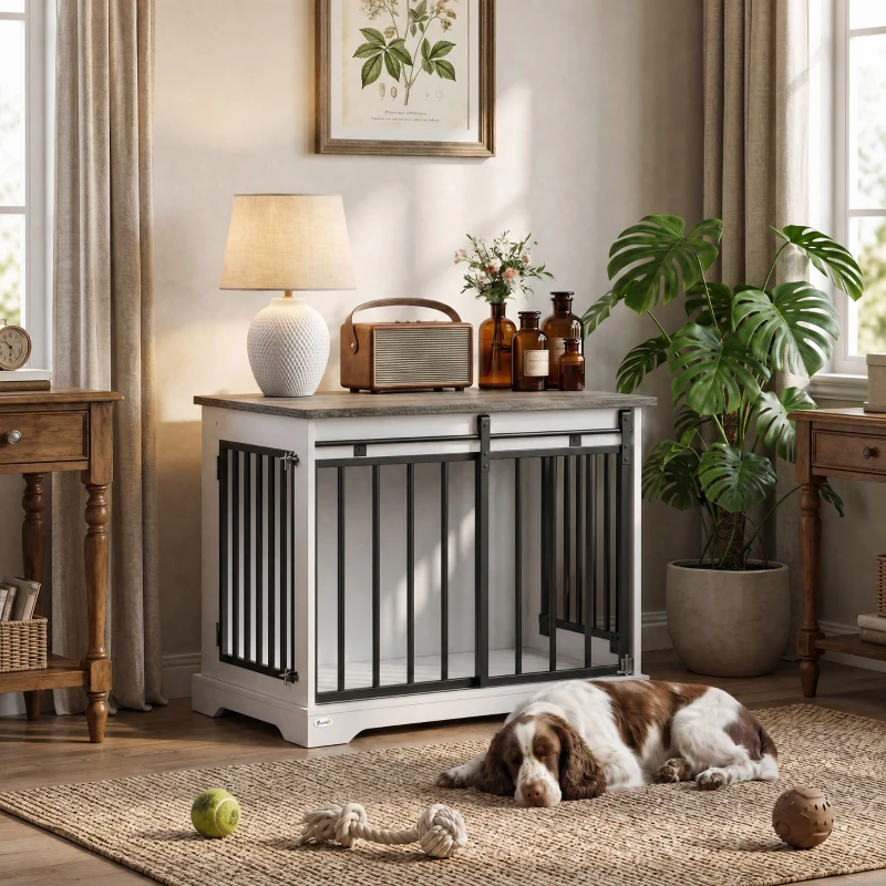 PawHut 80 cm Dog Crate Furniture with Sliding Barn Door for Medium Dogs, White