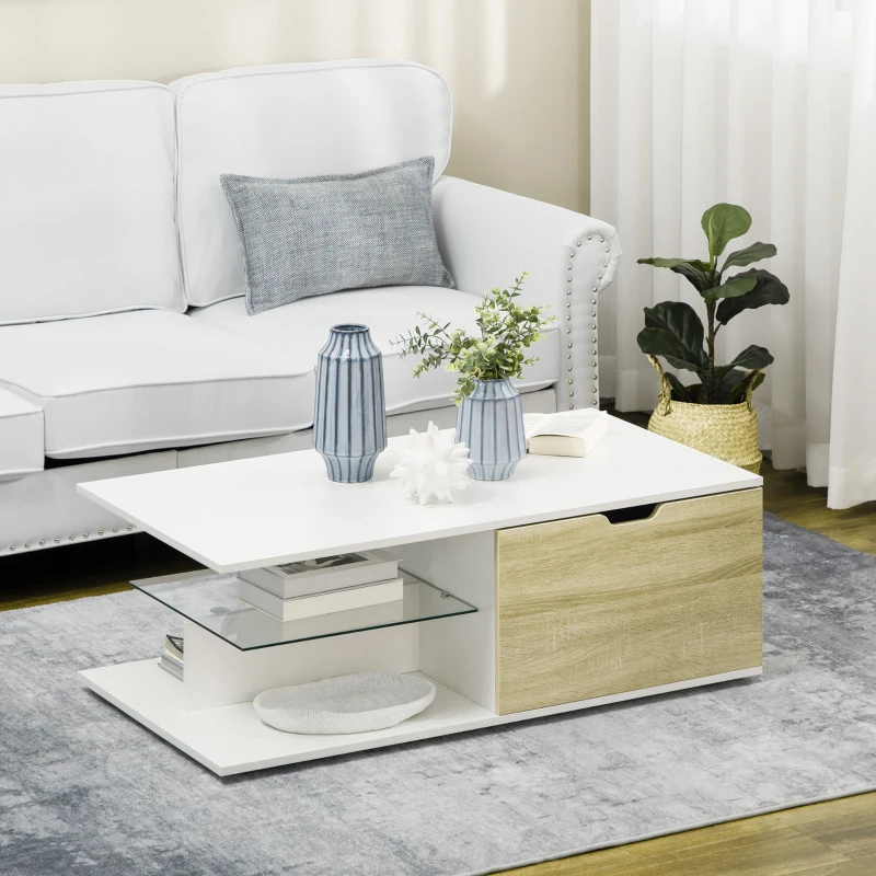 HOMCOM Mesa de Centro Moderna para Sala de Estar com Prateleira de Vidro Temperado e 2 Gavetas 106x58x39cm Branco e Madeira