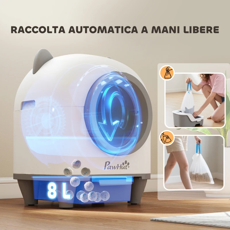 PawHut Lettiera Autopulente per Gatti 1-5 kg con Box per Fragranza e Sacchetti, in PP, 55.5x51x58.5 cm, Bianco e Grigio