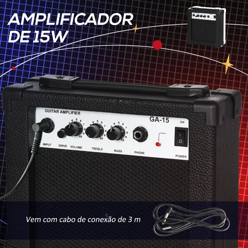 SPORTNOW Kit Guitarra Elétrica de Iniciação com Amplificador 15W Afinador Digital Cordas Correia 3 Palhetas Preto