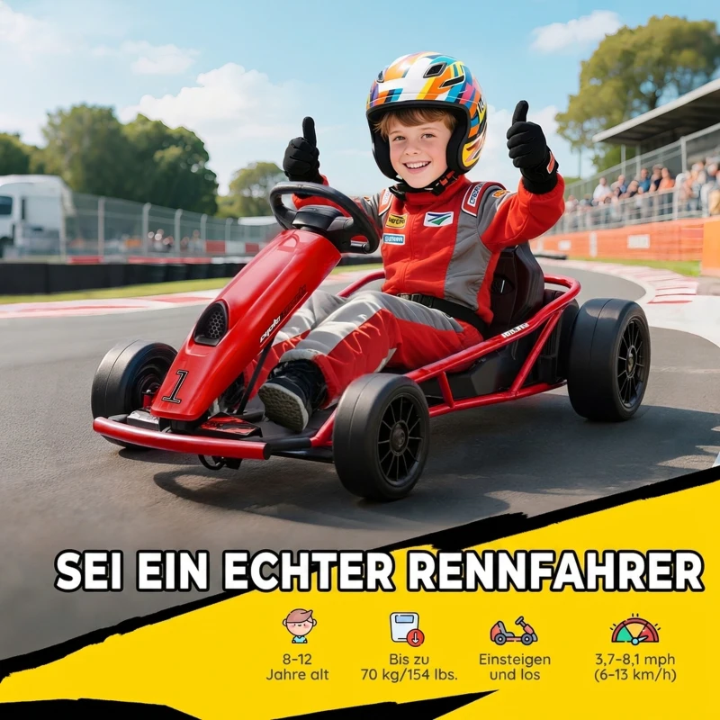 HOMCOM 24V elektrische go-kart voor kinderen, tot 13 km/u, met driftfunctie, 2 motoren, rood, 8-12 jaar