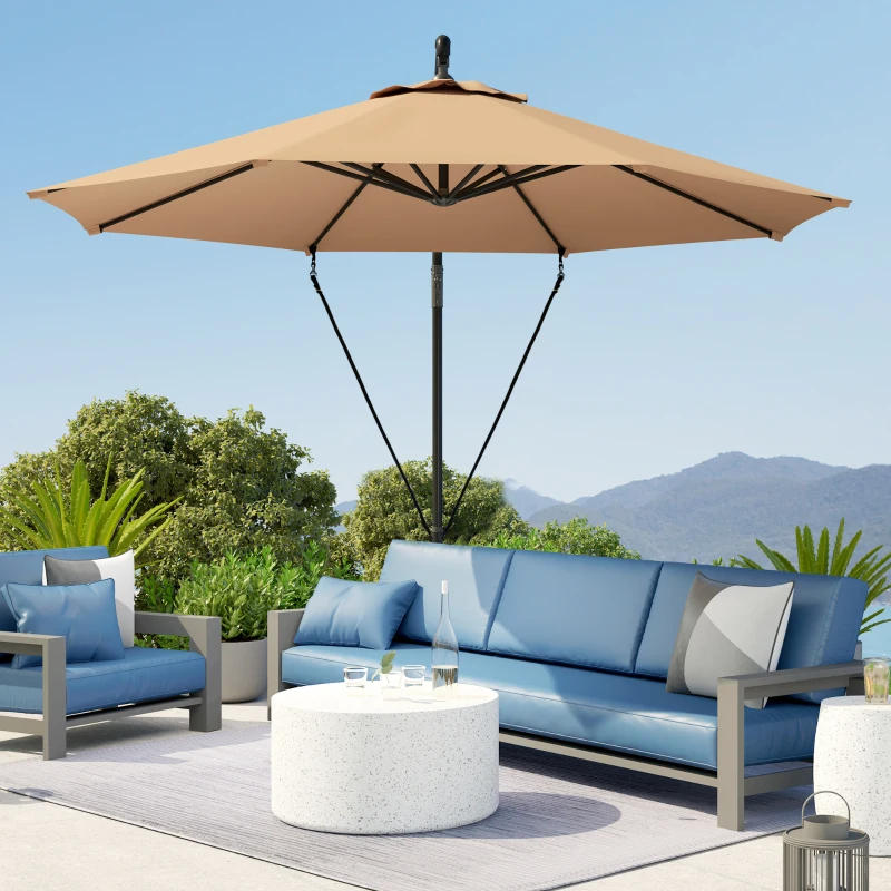 Outsunny Chapéu de Sol Excêntrico Ø 290 cm Chapéu de Sol de Jardim com Base Cruzada Capa de Proteção e Corda de Vento Cáqui