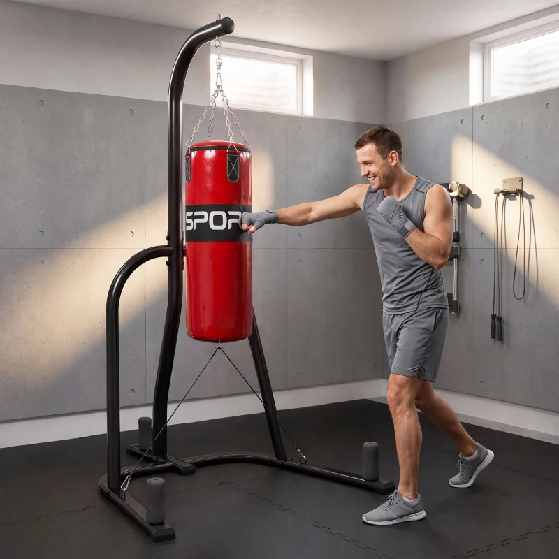 SPORTNOW Punching Bag with Stand for Adults, Freestanding Boxing Stand with Heavy Bag and Weight Plate Storage, Red