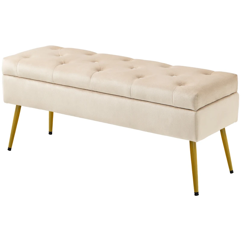 HOMCOM Bank met Opbergruimte, Gestoffeerde Bank met Deksel, Fluwelen Slaapkamerbank voor Hal, Slaapkamer of Woonkamer, Metalen Frame, 102 x 35 x 43 cm, Beige