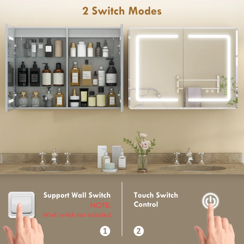 HOMCOM Mirrored Bathroom Cabinet with LED Lights, 60 x 80 cm Bathroom Mirror Cabinet with Anti-Fog, 3 Colour Dimmable Lighting