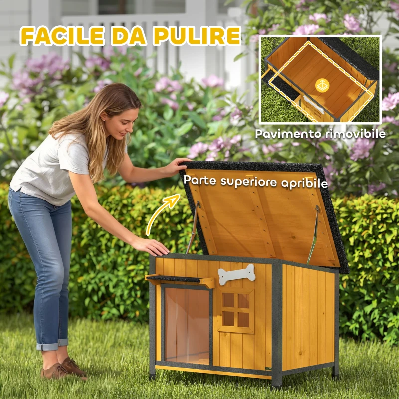 PawHut Cuccia per Cani da Esterno in Legno e Acciaio Anti-Morso, Tetto Apribile e Tenda per Porta, Giallo
