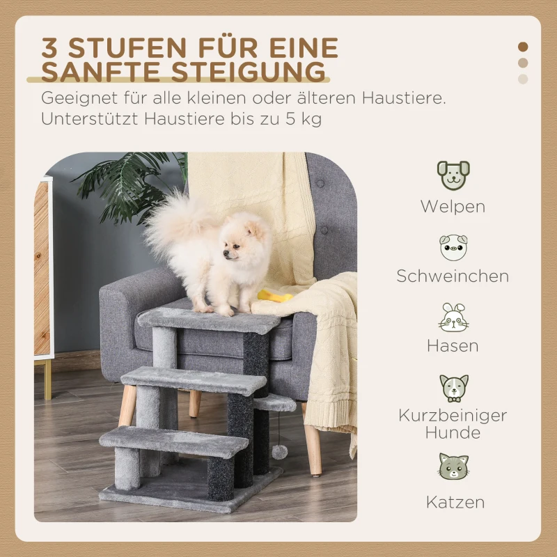 PawHut Huisdierentrap met bal 3 treden hondentrap kattentrap hondentrap pluche