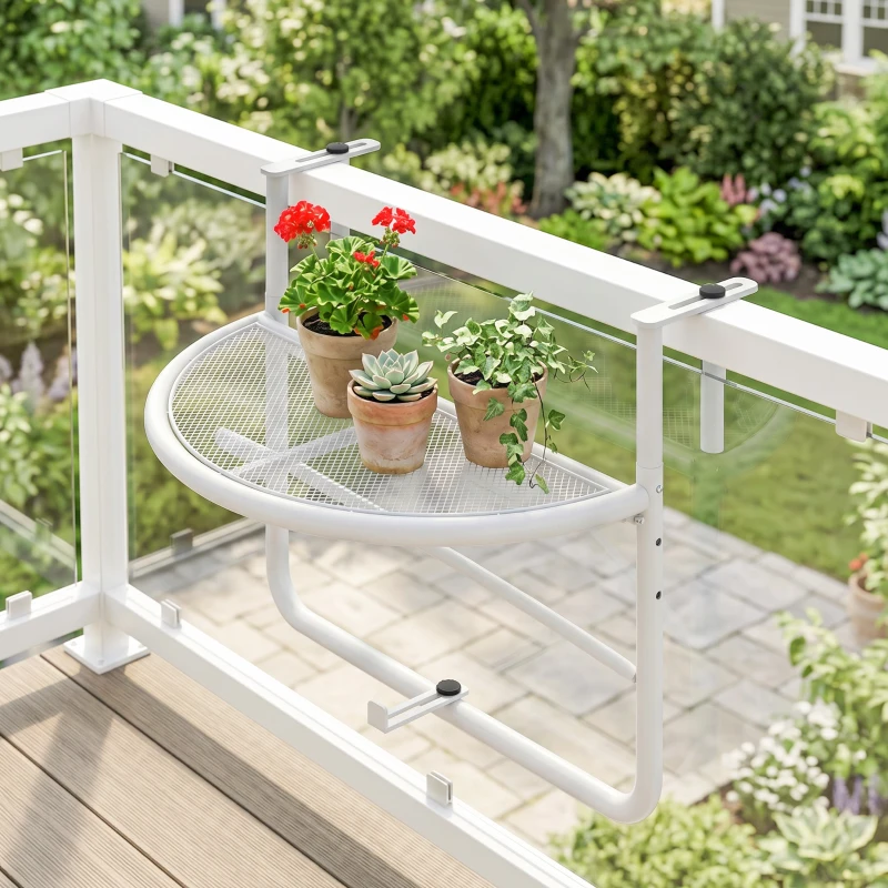 Outsunny Tavolino da Ringhiera Pieghevole con 3 Altezze Regolabili in Metallo, 60x47x50cm, Bianco