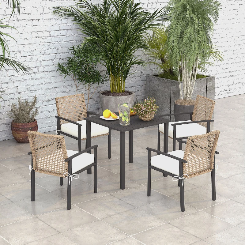 Outsunny Gartengarnitur, 5-teilig, Tisch, 4 Stühle mit Sitzkissen, Metallrahmen, Rattandekor, Natur