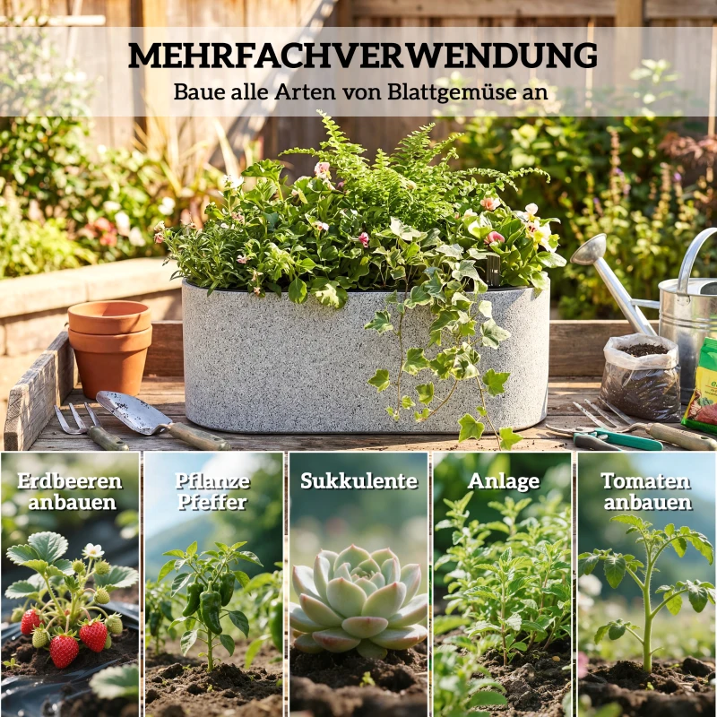 Outsunny 2-delige Set Hangende Bloempot Plantenbak met Afvoersysteem en Haken 42 x 16 x 15 cm Lichtgrijs
