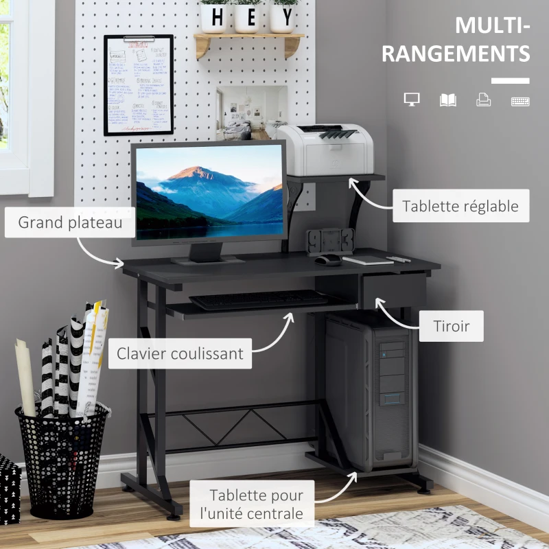 HOMCOM Bureau Informatique Table d'Ordinateur avec Rangement Multifonctionnel Bureau noir en bois 90 x 50 x 100 cm