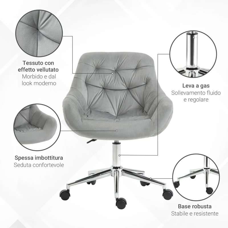 Vinsetto Sedia da Ufficio Ergonomica Girevole con Altezza Regolabile e Ruote, Rivestimento in Velluto, 59x58x80-90cm, Grigio