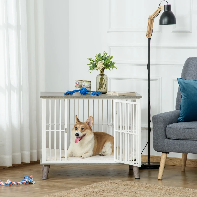 PawHut Cage pour chien moyens animaux avec coussin amovible lavable porte verrouillable avec loquet acier panneaux de particules blanc chêne gris