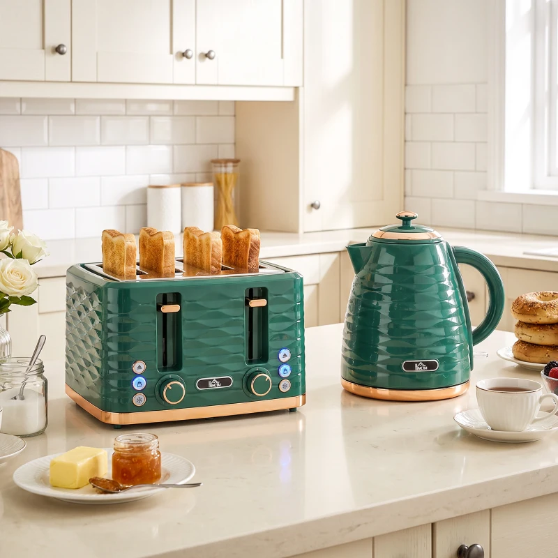 HOMCOM 2-in-1 waterkoker- en broodroosterset, 7 bruiningsstanden, ontdooi- en opwarmfunctie, groen