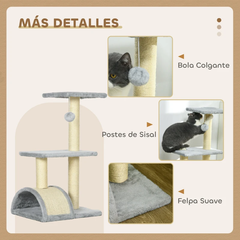 PawHut Árbol Rascador para Gatos Mediano de 3 Niveles con Rascador en Arco Plataformas Postes y Bola 40x35x72 cm Gris Claro