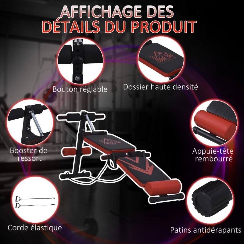 HOMCOM Banc de musculation pliable appareil à abdo hauteur réglable 135L x 48l x 61-68H cm 2 bandes de résistances + ressort central traction acier noir rouge