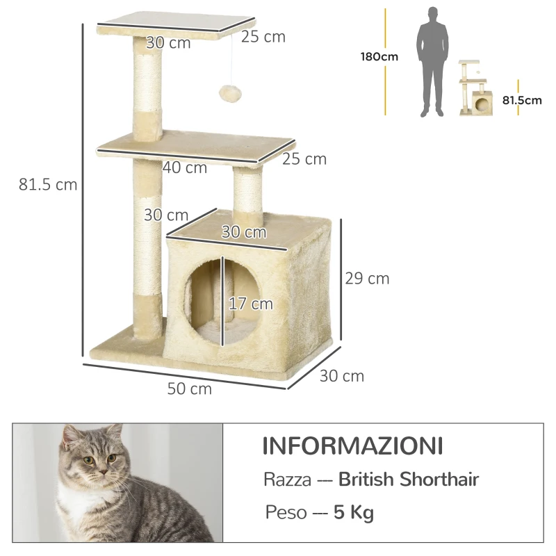PawHut Albero Tiragraffi per Gatti con Cuccia, 50x30x81.5cm