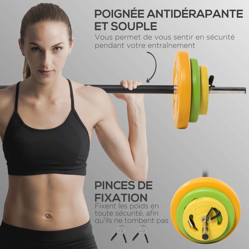 HOMCOM Ensemble haltères et barre 20 kg avec 6 haltères disques de 1,5 kg, 2,5 kg et 5 kg gym musculation orange vert et jaune