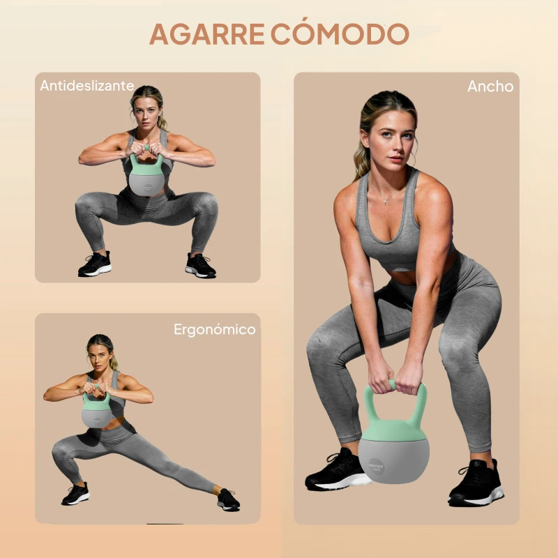 SPORTNOW Pesa Rusa 10 kg Kettlebell Relleno de Arena Metálica Mango Antideslizante para Entrenar en Casa 21x21x30cm Verde y Gris