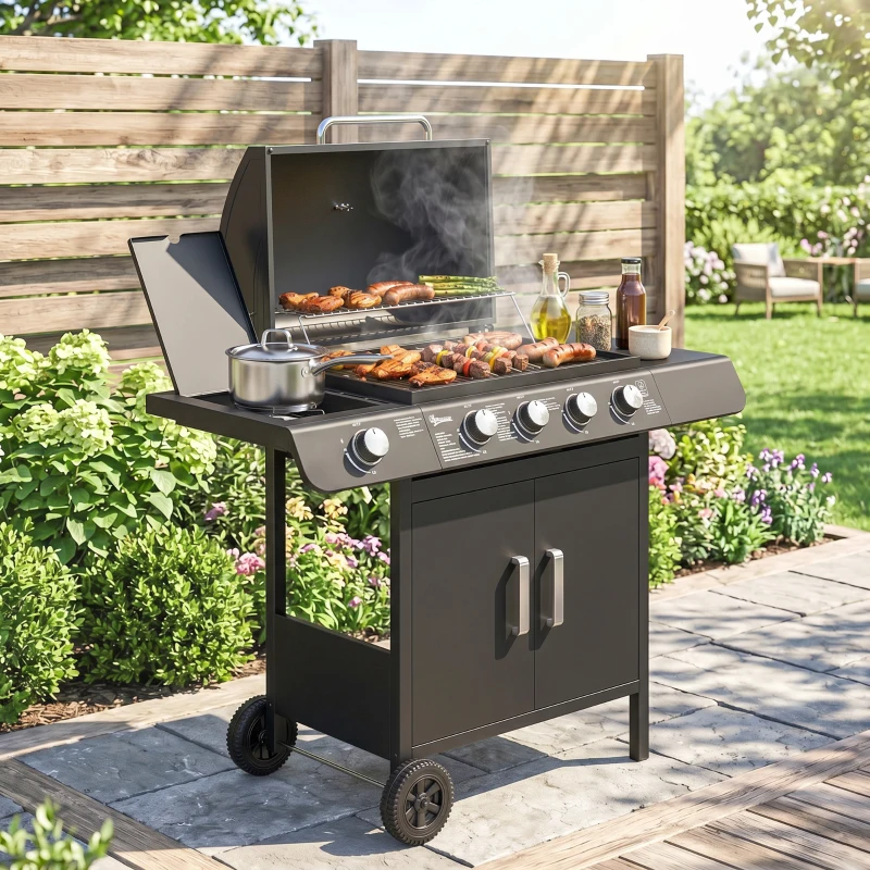 Outsunny Barbacoa de Gas con 4+1 Quemadores 14,4 KW Mesas Laterales Armario de Almacenaje Termómetro y 2 Ruedas Acero Inoxidable BBQ 125x51x100 cm Negro