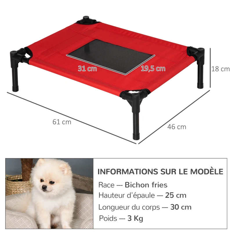 PawHut Lit surélevé pour chiens chats animaux de compagnie tissu oxford textilène micro-perforé 61 x 46 x 18 cm rouge et noir