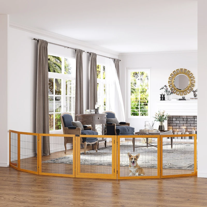 PawHut Cancelletto per Cani di Piccola/Media Taglia in Legno e Acciaio con 6 Pannelli Pieghevoli, 432x36x70cm