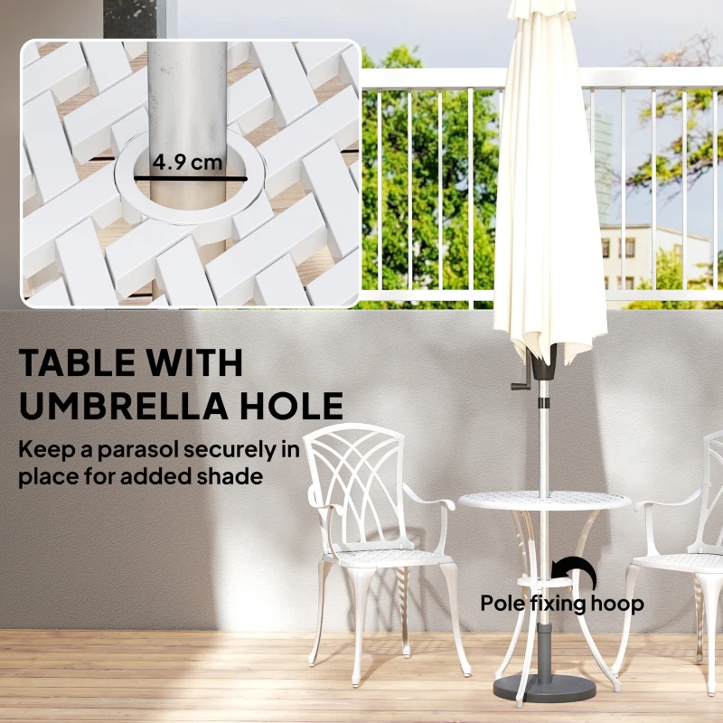 Outsunny 3 Pieces Garden Bistro Set, Cast Aluminium Outdoor Dining Set with 2 Chairs and Round Table with Parasol Hole, White