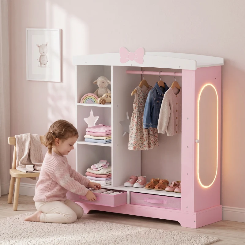 AIYAPLAY Kids Wardrobe with Lighted Mirror, Clothes Rail, Jewelry Cabinet, Shelves, Storage Boxes for Bedroom, Nursery, Pink