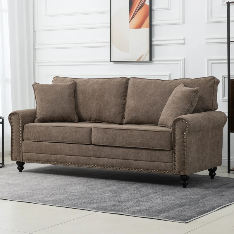 HOMCOM 196cm 3 Seater Sofa, Fabric Sofa with Rubber Wood Legs, Nailhead Trim, 2 Pillows, Small Upholstered Couch Settee for Living Room, Guest Room, Brown