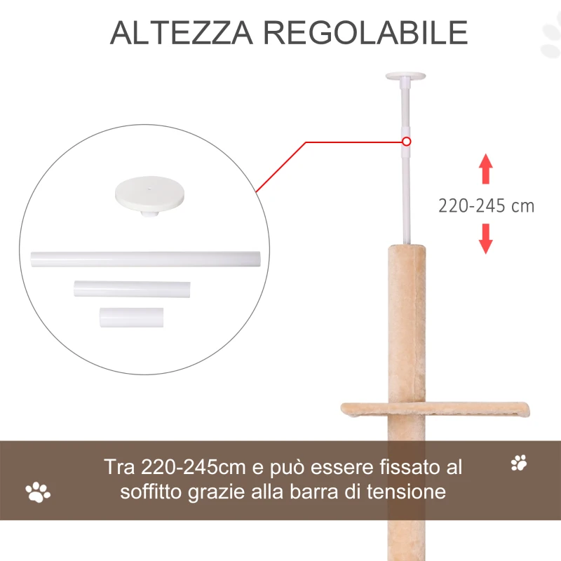 PawHut Tiragraffi a Soffitto Multilivello 220-245cm Palestra per Gatti con Cucce, Piattaforme e Corde in Juta, Giallo