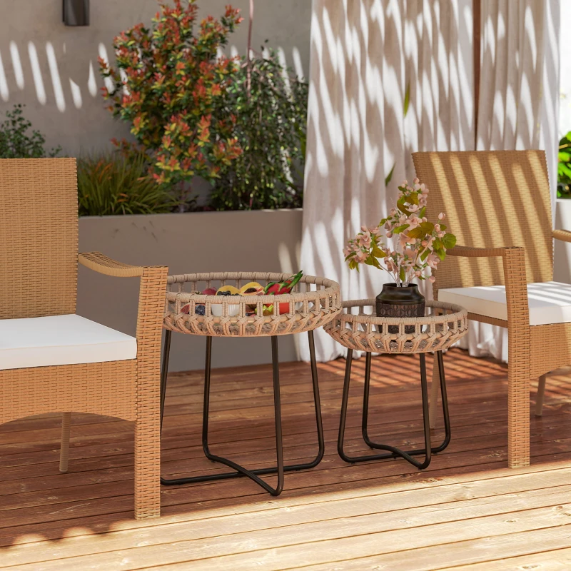 Outsunny 2er Set Beistelltisch Polyrattan Ø60/41 cm rund wetterfest Gartentisch mit X-Beine Verstellbare Fußpads Braun