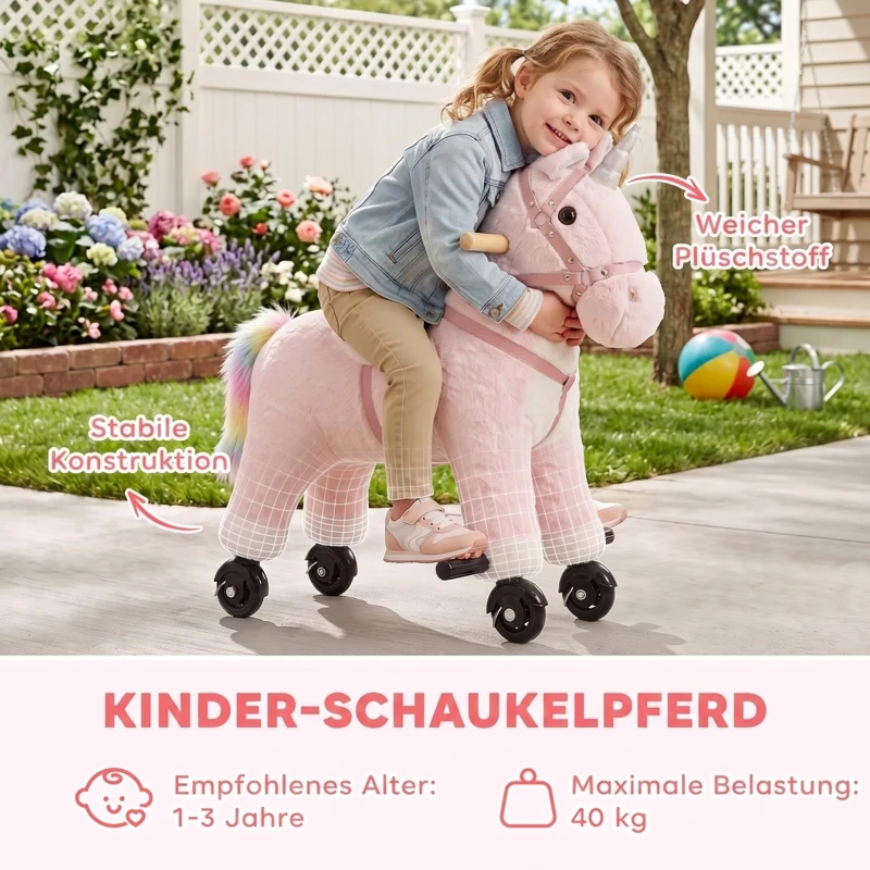 AIYAPLAY Reitpferd auf Rollen Spielpferd zum Reiten mit Einhorn-Design Rollen Sound Griffe Fußstütze bis 40 kg für Kinder 1–3