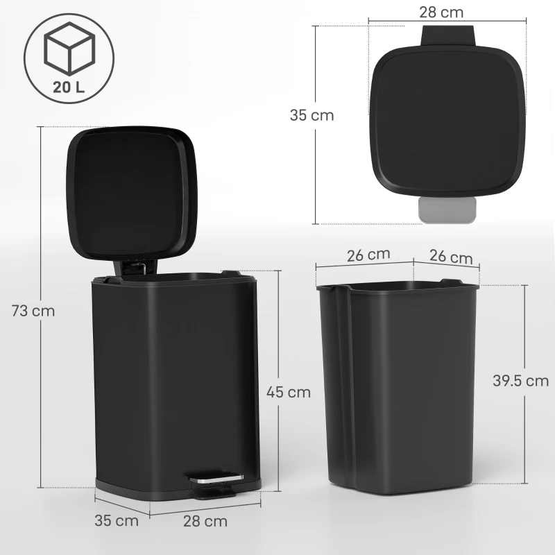 HOMCOM Coș de bucătărie 20 L cu capac cu închidere blândă și pedală, recipient interior detașabil, 28L x 35l x 45H cm, Negru