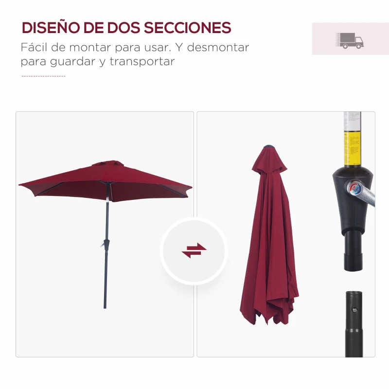 Outsunny Sombrilla de Jardín, Ø260x235 cm, Parasol de Jardín Reclinable con Manivela, Poste Desmontable de Aluminio y 6 Varillas de Metal, para Terraza, Exterior, Balcón, Rojo